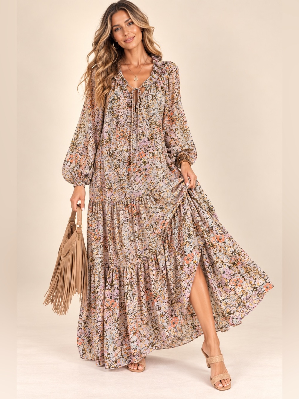 Free People Feeling Groovy Maxi Dress M Floral Boho Oversized Peasant Size M